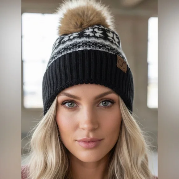 NWT CC C.C. Nordic Fair Isle Aztec Tribal Print Pom Pom Beanie Hat Black - Picture 3 of 4